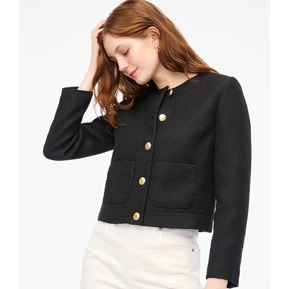 J. Crew Black Textured Cropped Blazer with Gold Buttons